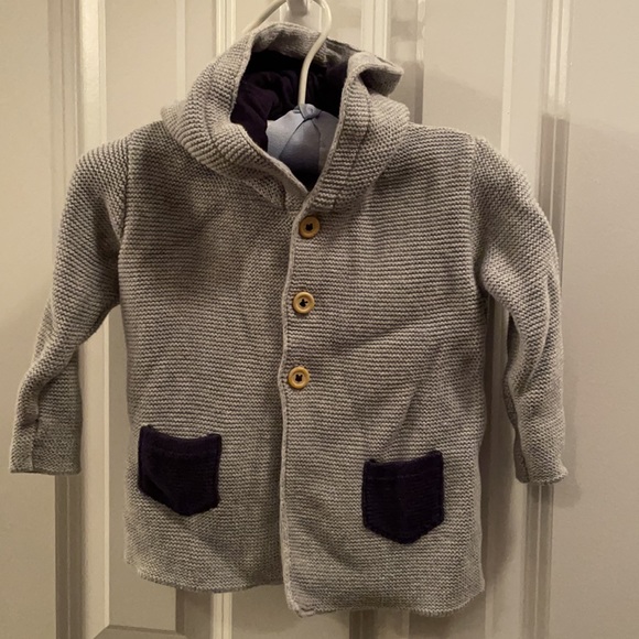 Korango Grey Knit Hooded Sweater w. Blue Pom Pom Hoodie 6-12M - Picture 2 of 2